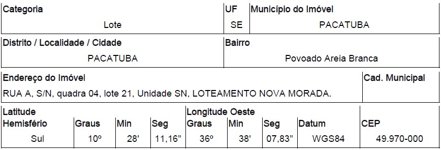 Imóvel em PACATUBA/SE