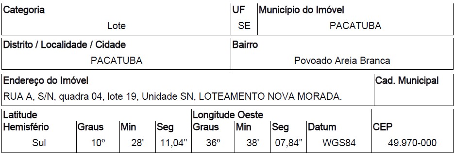 Imóvel em PACATUBA/SE