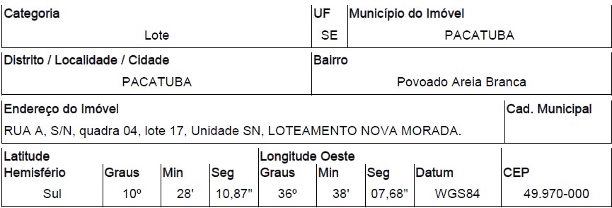 Imóvel em PACATUBA/SE