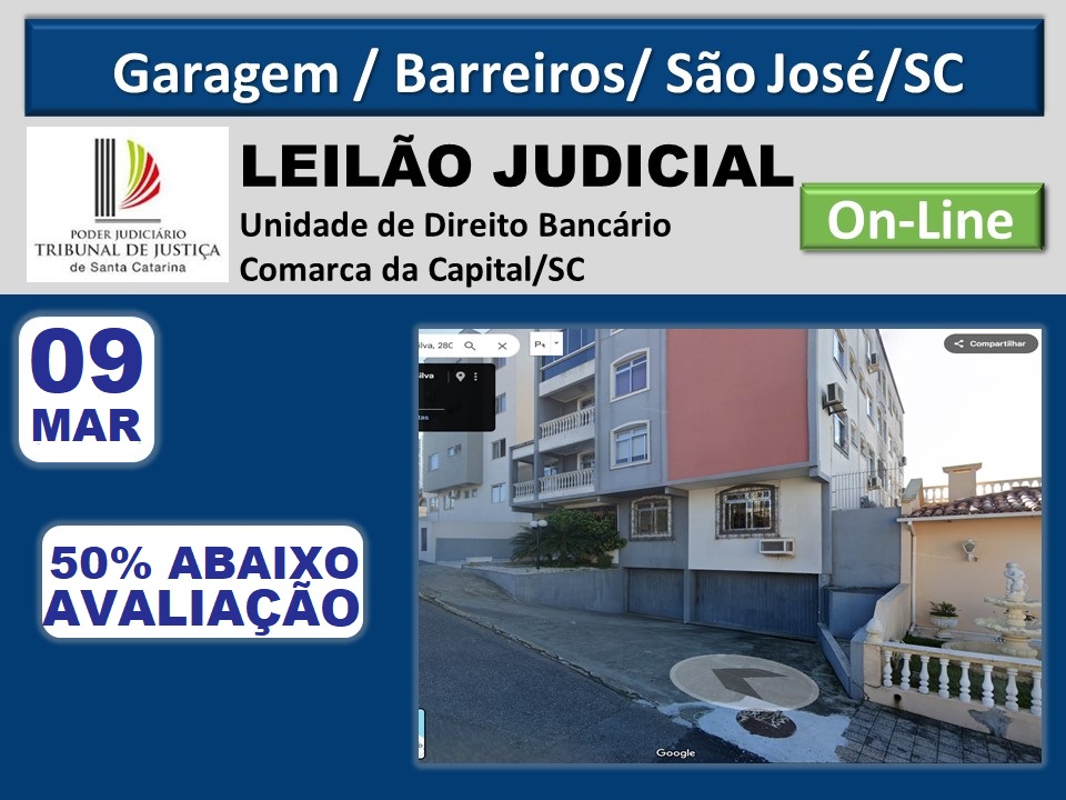 VAGA DE GARAGEM COM 26M² DE ÁREA, BARREIROS, SÃO JOSÉ/SC. - Só Leilões