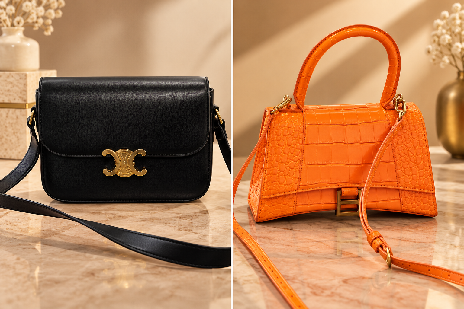 DUAS BOLSAS DE GRIFE - MARCAS CELINE E BALENCIAGA - COURO DE BEZERRO E COM EFEITO CROCODILO - BAGÉ/RS - João Honor Coirollo de Souza - Leilões Presenciais e Online