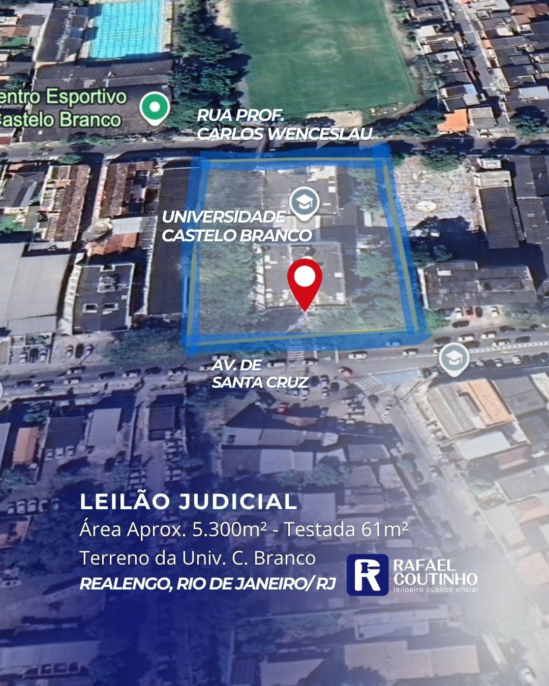 ÁREA APROX. 5.300M², ONDE FUNCIONA A UNIV. CASTELO BRANCO EM REALENGO/RJ. TERRENO E RESPECTIVAS CONSTRUÇÕES. PAGUE EM ATÉ 60 VEZES. - Rafael Coutinho - Leiloeiro Público Oficial