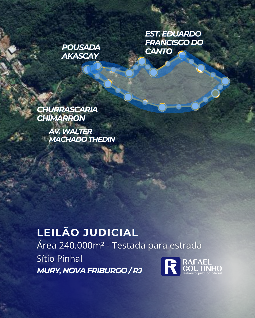 ÁREA COM 240.000M², CONHECIDO COMO SÍTIO PINHAL, COM ENTRADA AO LADO DA CHURRASCARIA CHIMARRON EM MURY, NOVA FRIBURGO/RJ. TERRENO E RESPECTIVAS CONSTRUÇÕES. - Rafael Coutinho - Leiloeiro Público Oficial