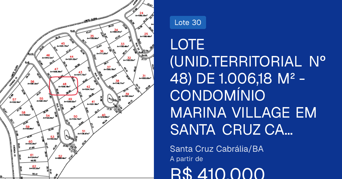Lote (unid.territorial nº 48) de 1.006,18 m² - condomínio marina village em santa cruz cabrália/ba
