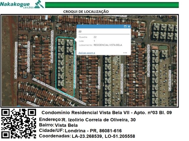 3405 - APART. Nº 03 , pav. térreo, do BLOCO 09, RESID. VISTA BELA VII, UMA VAGA DE GARAGEM. Perobinha, Londrina/PR