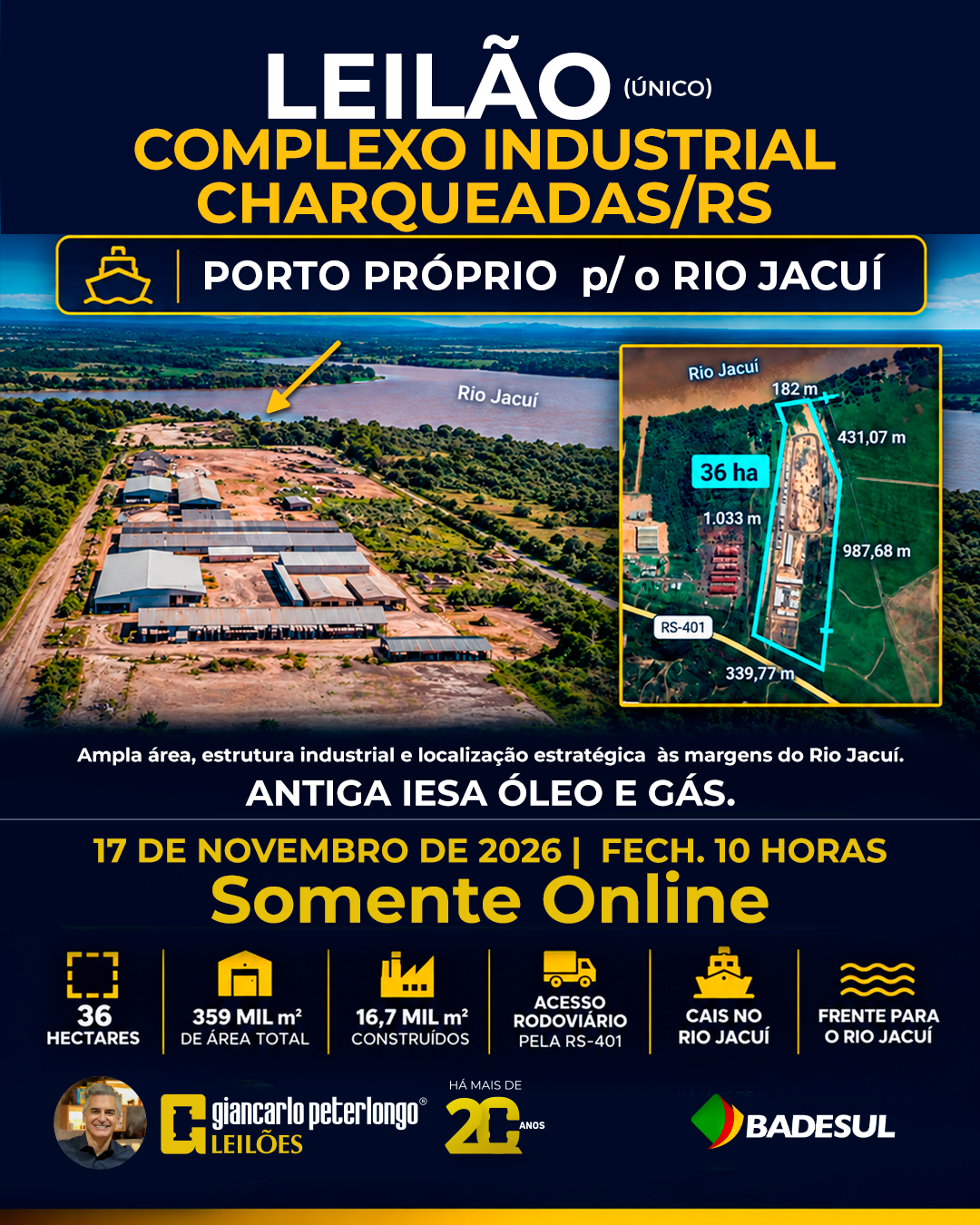 GRANDE COMPLEXO INDUSTRIAL DA ANTIGA IESA ÓLEO E GÁS EM CHARQUEADAS/RS – 35,93 HECTARES, MAIS DE 16,7 MIL m² DE ÁREA CONSTRUÍDA, 25 EDIFICAÇÕES, PAVILHÕES E AMPLA INFRAESTRUTURA INDUSTRIAL- BADESUL