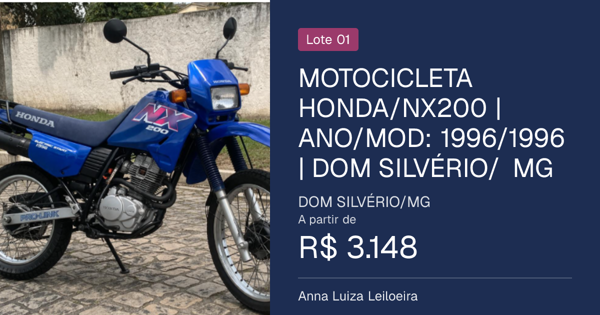 MOTOCICLETA HONDA/NX200 | ANO/MOD: 1996/1996 | DOM SILVÉRIO/ MG