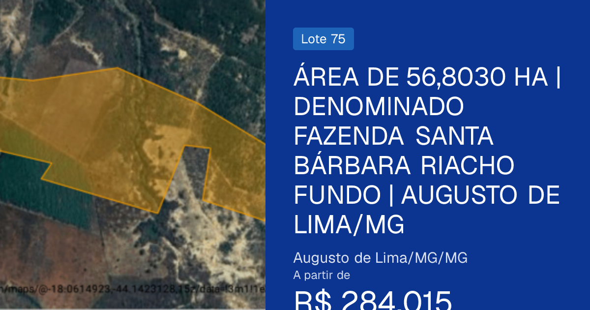 Área de 56,8030 ha | denominado fazenda santa bárbara riacho fundo | augusto de lima/mg