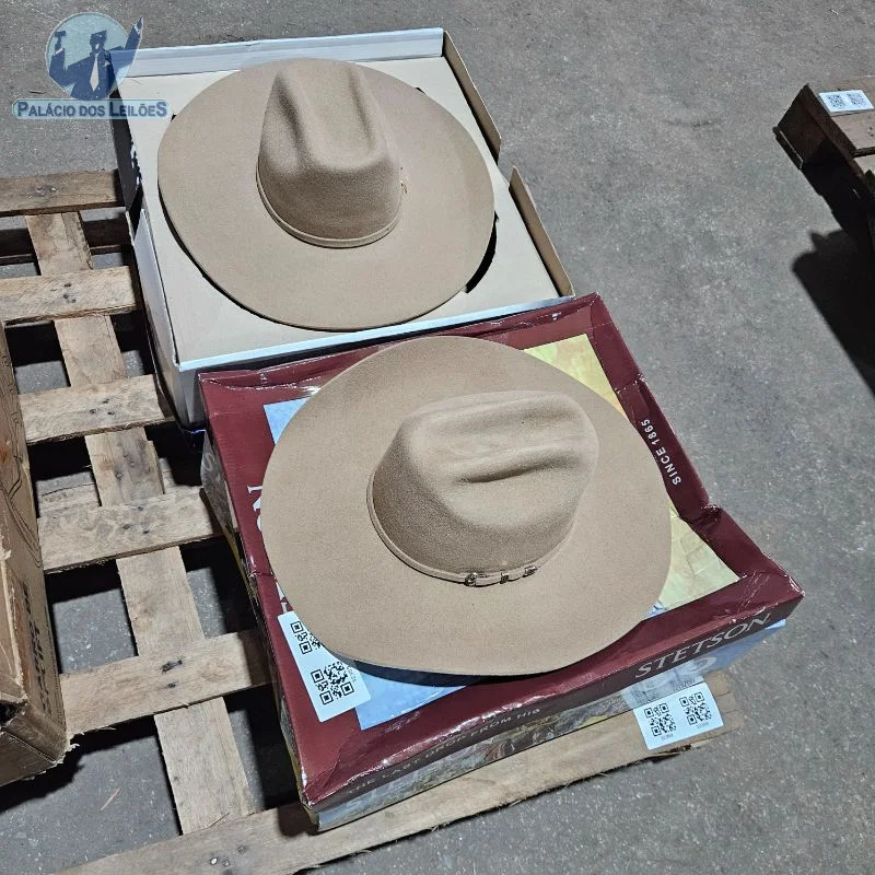 01 chapéu Pralana Cross Felt II, referência 12452, tamanho 59, aba de 12 cm, cor bege. 01 chapéu de feltro Stetson, referência 64433, tamanho 58, cor caramelo....