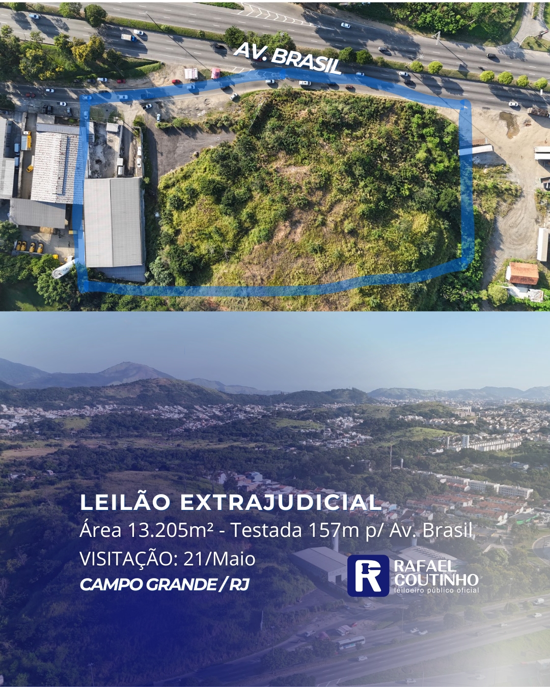 Área 13.205m² com Testada de 157m para Av. Brasil, altura de Campo Grande/RJ. Terreno e Respectivas Construções. Aceita Financiamento.
