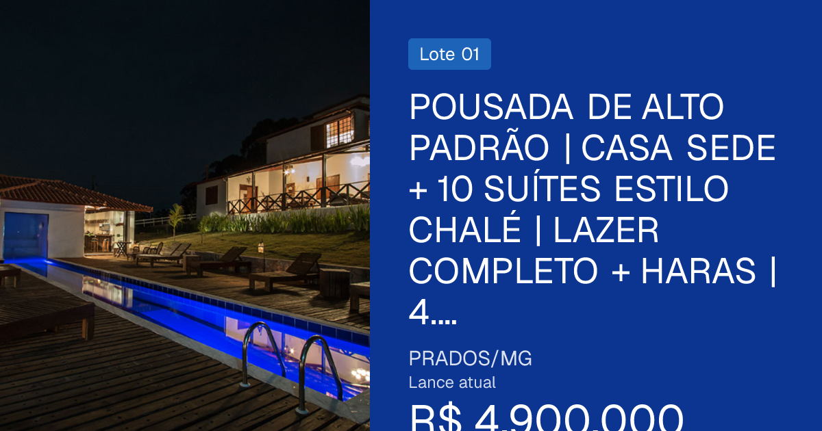 Pousada de alto padrão | casa sede + 10 suítes estilo chalé | lazer completo + haras | 4.7 hectares | região de são joão del-rei e tiradentes | prados/mg